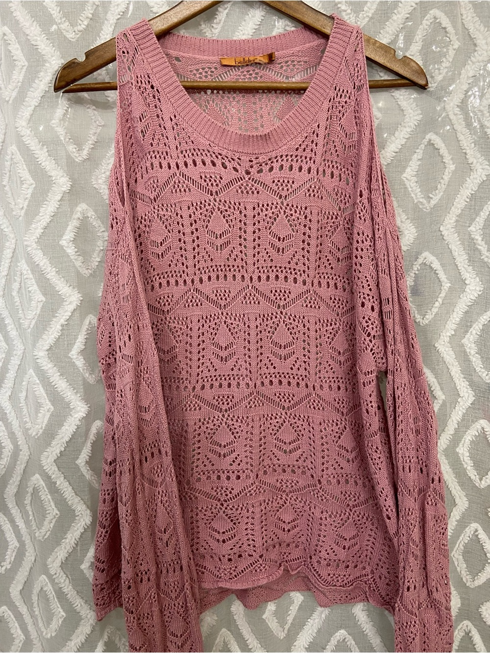 Belldini Dusty Rose Open-Knit Cold Shoulder Long Sleeve